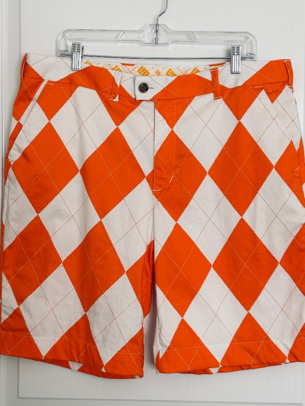 Loudmouth Golf Shorts Mens Size 38 Orange White Argyle Diamond Pattern